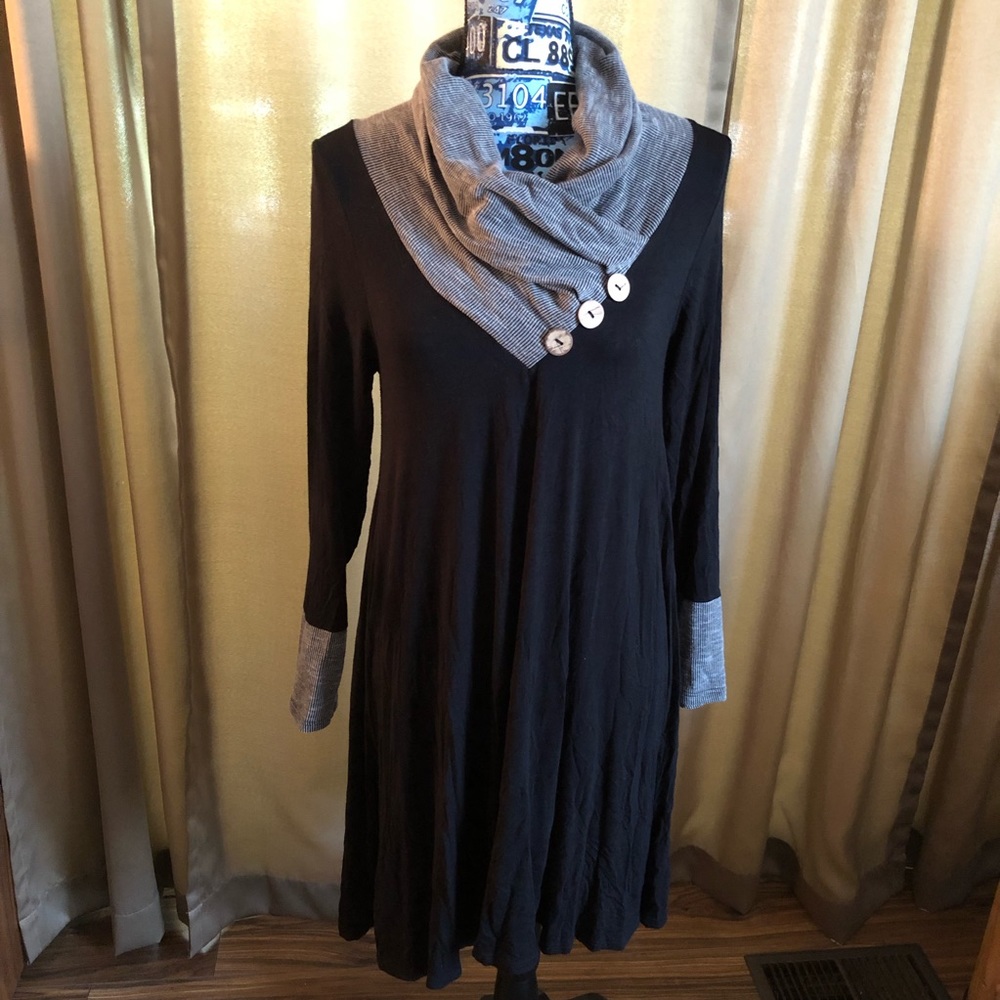 Vision Long Sleeve Cowl Neck Dress with Button Accents